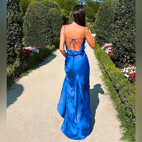 Zara dress maxi long open back satin effect blue bodycon wedding party cocktail - Picture 10 of 16